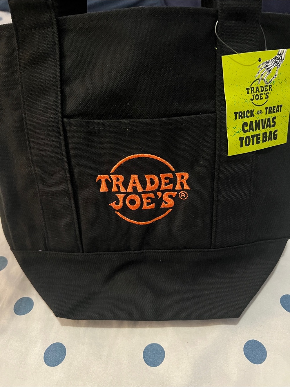 Trader Joe's Trick or Treat Black Canvas Tote Bag with Orange Logo